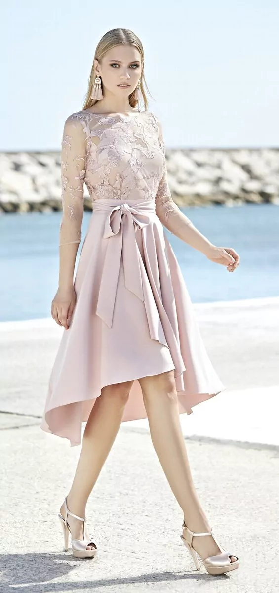 Robe de Cocktail Asymétrique en Dentelle Rose Poudré avec Ceinture à Nouer- 1202013